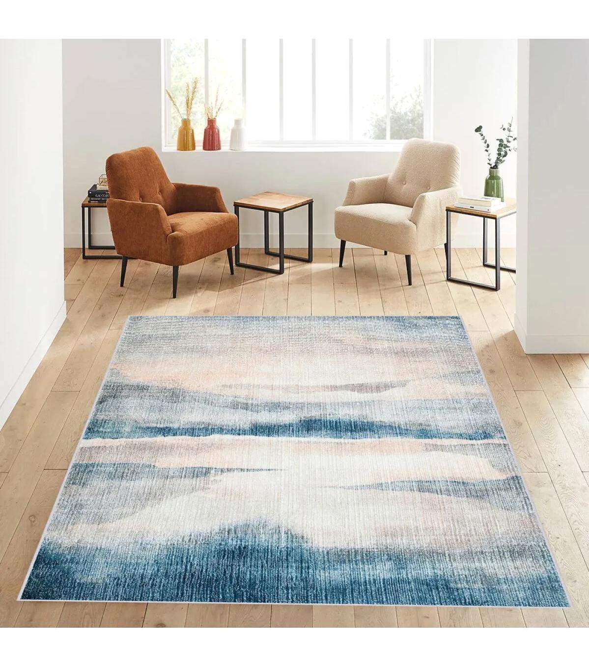 Rovigo Home RVG0590 Beyaz-Mavi 8 mm Polyester Antibakteriyel-Leke Tutmaz-Toz Tutmaz Yıkanabilir İnce Kaymaz Dot Taban Dikdörtgen Makine Dokuma Salon Halısı 120x180 cm