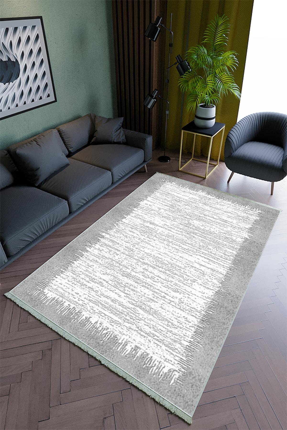 10 Post Online Gri 4 mm Polyester Yıkanabilir İnce Kaymaz Dot Taban Dikdörtgen Makine Dokuma Salon Halısı 120x180 cm