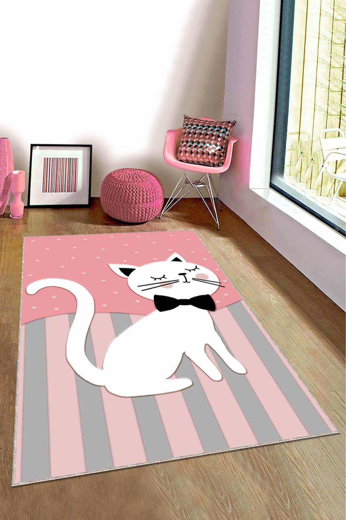 Viva Home KD005 Pembe 7 mm Mikropolyester Leke Tutmaz Yıkanabilir İnce Kaymaz Dot Taban Dikdörtgen Makine Dokuma Çocuk Odası Halısı 80x150 cm
