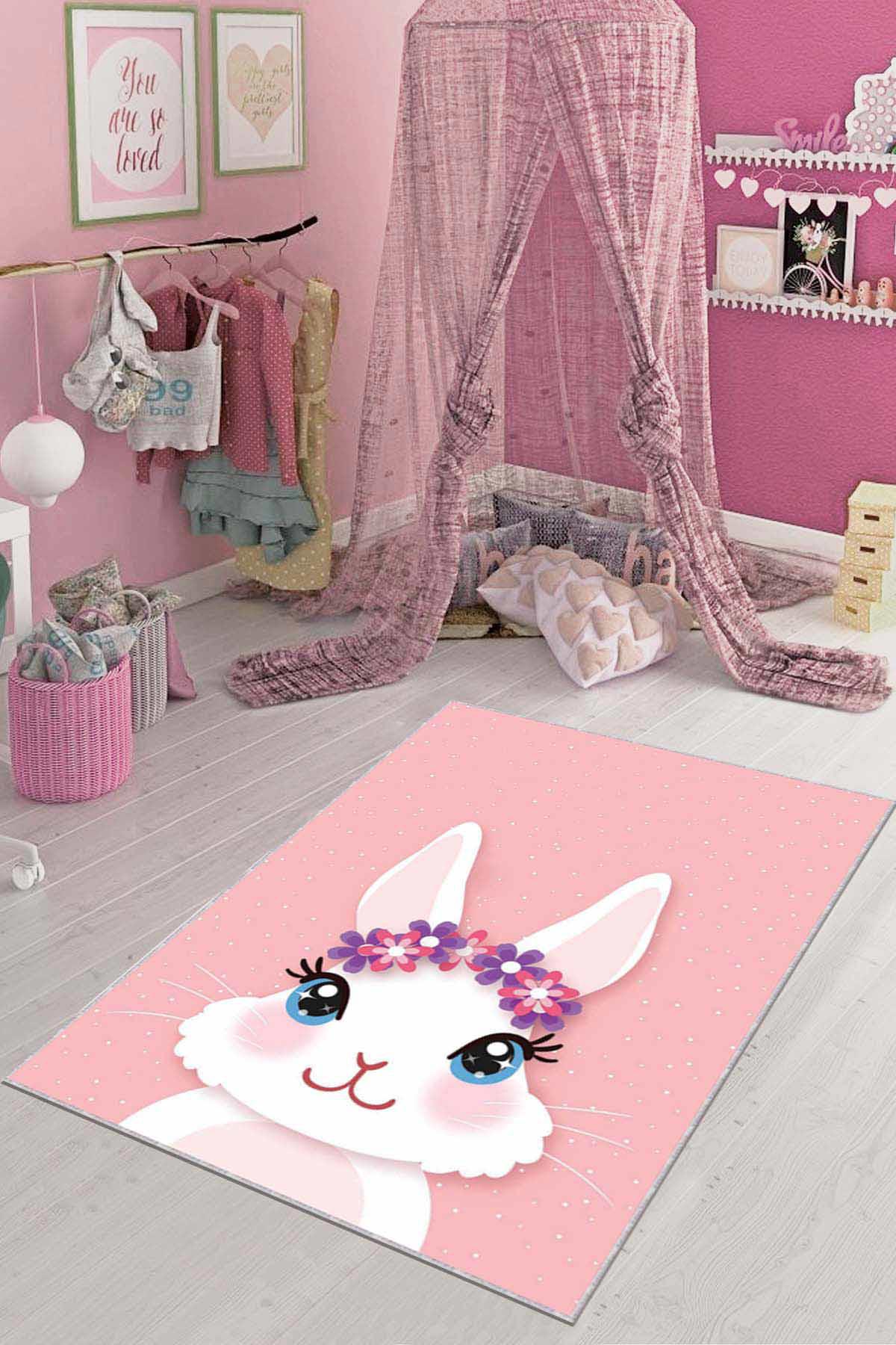 Viva Home AR088 Pembe 7 mm Mikropolyester Leke Tutmaz Yıkanabilir İnce Kaymaz Dot Taban Dikdörtgen Makine Dokuma Çocuk Odası Halısı 120x180 cm