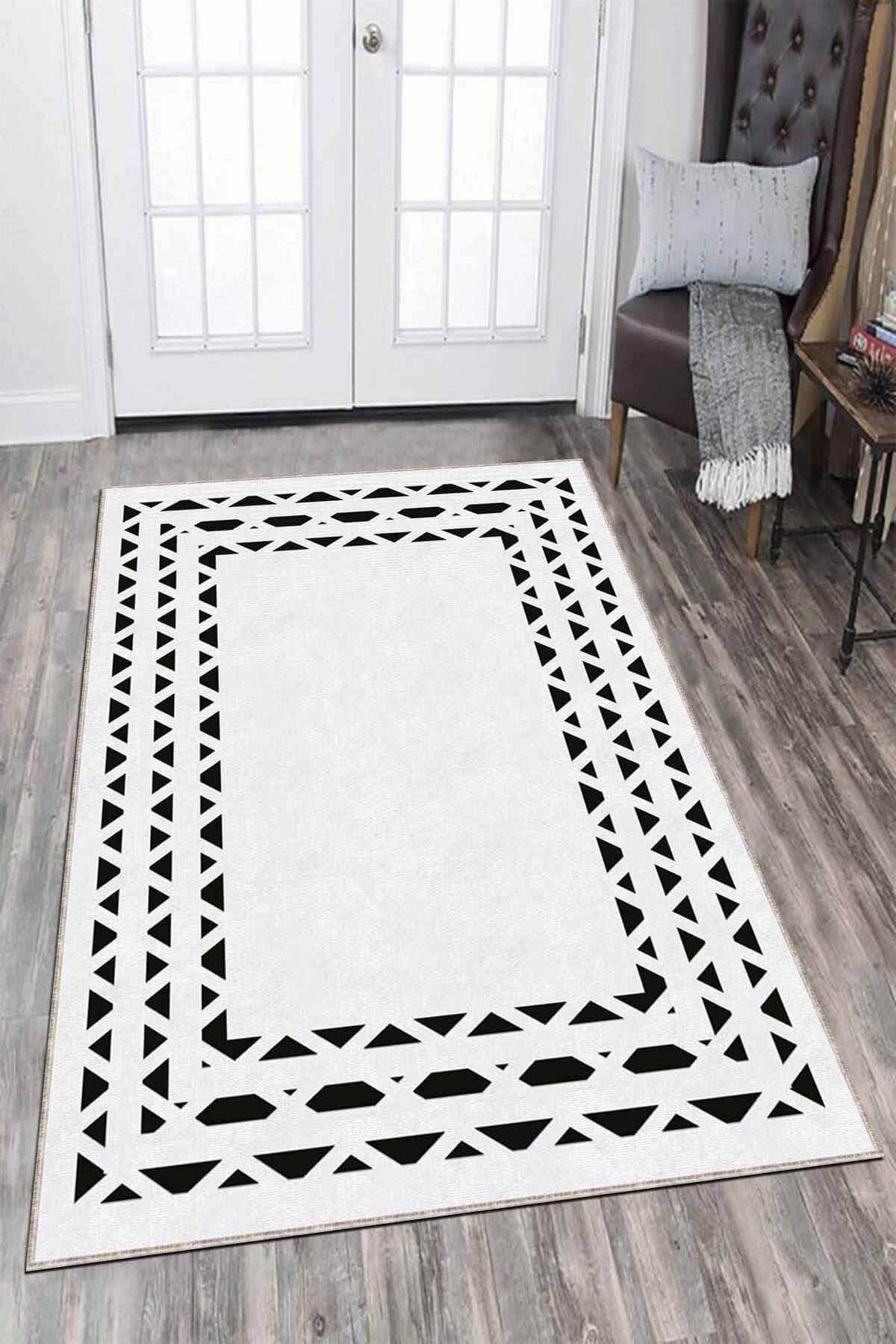 Viva Home AR929 Beyaz - Siyah 7 mm Mikropolyester Antibakteriyel Yıkanabilir Kalın Kaymaz Lateks Taban Dikdörtgen Makine Dokuma Salon Halısı 200x290 cm