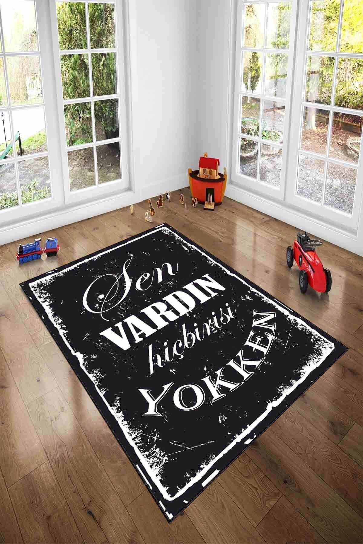 Viva Home AR1151 Beyaz - Siyah 7 mm Mikropolyester Antibakteriyel Yıkanabilir Kalın Kaymaz Lateks Taban Dikdörtgen Makine Dokuma Salon Halısı 200x290 cm