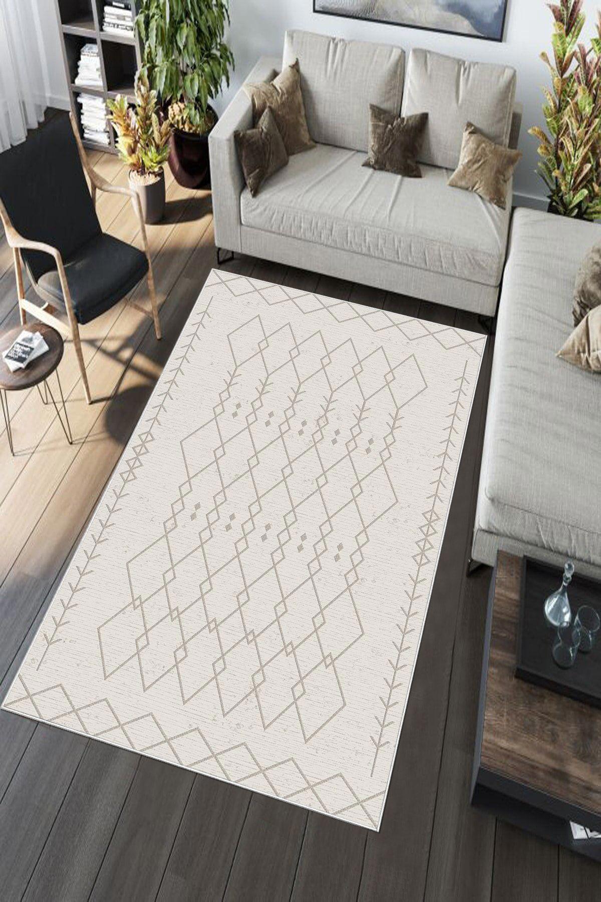 Aldora A189 Krem 9 mm Deri Leke tutmaz Yıkanabilir İnce Kaymaz Deri Taban Dikdörtgen Makine Dokuma Salon Halısı 120x180 cm