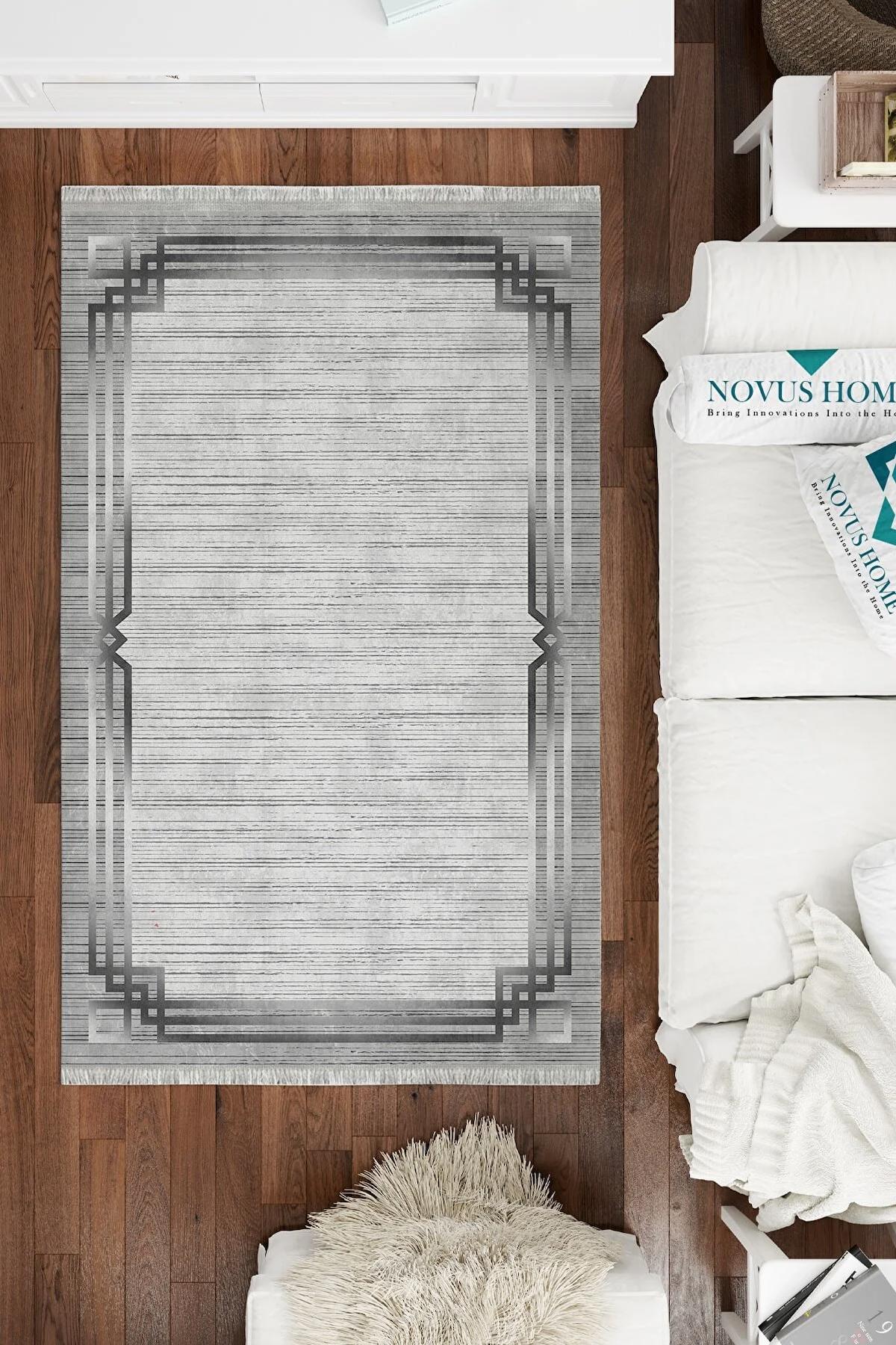 Novus Home Verona Serisi Gri-Siyah 6 mm Polyester Antibakteriyel-Toz Tutmaz-Yalıtıma Yardımcı Yıkanabilir İnce Kaymaz Taban Yuvarlak Makine Dokuma Antre-Salon-Yatak Odası Halısı 80x150 cm