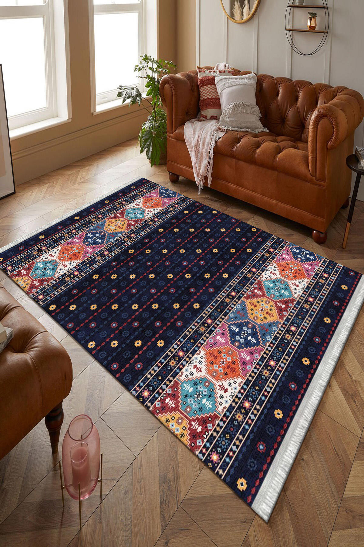 Kreatif Halı Çok Renkli 4 mm Polyester Toz tutmaz Yıkanabilir İnce Kaymaz Dot Taban Dikdörtgen Makine Dokuma Salon Halısı 80x150 cm