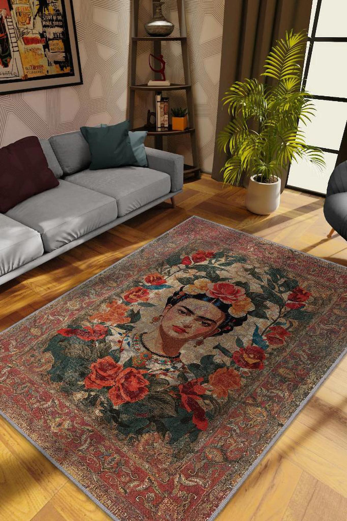 Homshtag Frida Kahlo Krem 4 mm Pamuk Antistatik Yıkanabilir İnce Kaymaz Dikdörtgen Makine Dokuma Salon Halısı 200x300 cm
