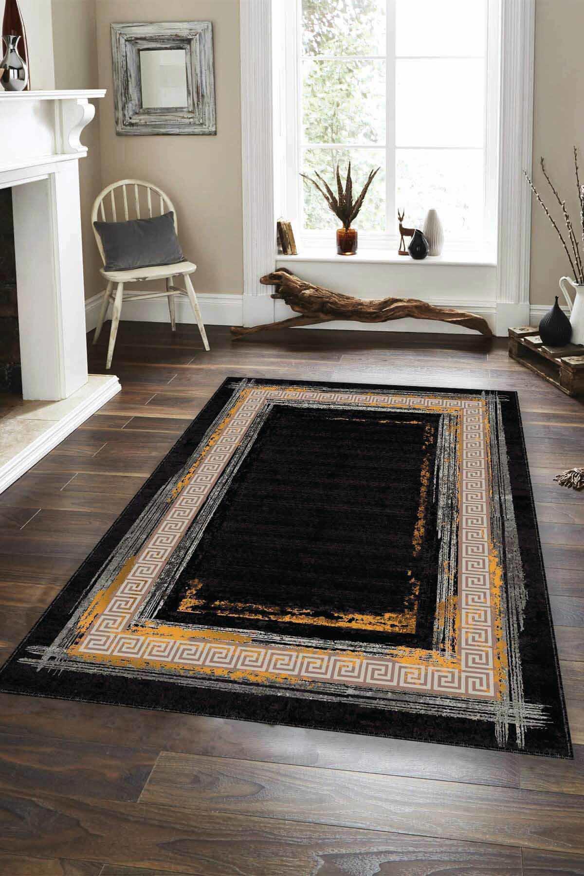 Viva Home AR218 Siyah-Turuncu 7 mm Mikropolyester Antibakteriyel Yıkanabilir İnce Kaymaz Lateks Taban Dikdörtgen Makine Dokuma Salon Halısı 120x200 cm