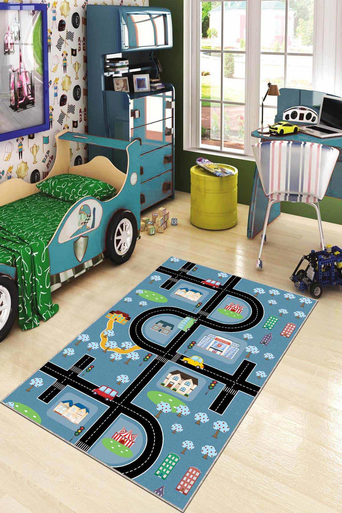 Viva Home AR746 Mavi 7 mm Mikropolyester Leke tutmaz Yıkanabilir İnce Kaymaz Dot Taban Dikdörtgen Makine Dokuma Çocuk Odası Halısı 160x230 cm