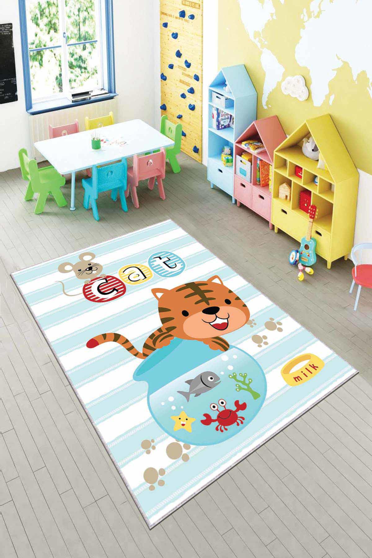 Viva Home AR046 Mavi 7 mm Mikropolyester Leke tutmaz Yıkanabilir İnce Kaymaz Dot Taban Dikdörtgen Makine Dokuma Çocuk Odası Halısı 100x150 cm