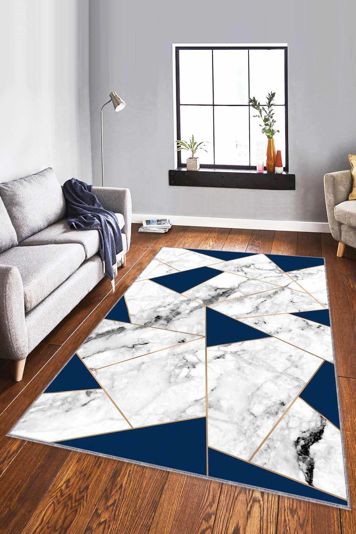 Viva Home RV166 Mavi 7 mm Mikropolyester Antialerjenik Yıkanabilir İnce Kaymaz Dot Taban Dikdörtgen Makine Dokuma Salon Halısı 100x150 cm