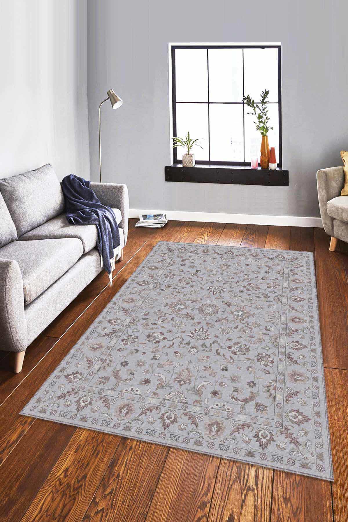 Viva Home RV293 Gri 7 mm Mikropolyester Toz Tutmaz Yıkanabilir İnce Kaymaz Dot Taban Dikdörtgen Makine Dokuma Salon Halısı 120x180 cm