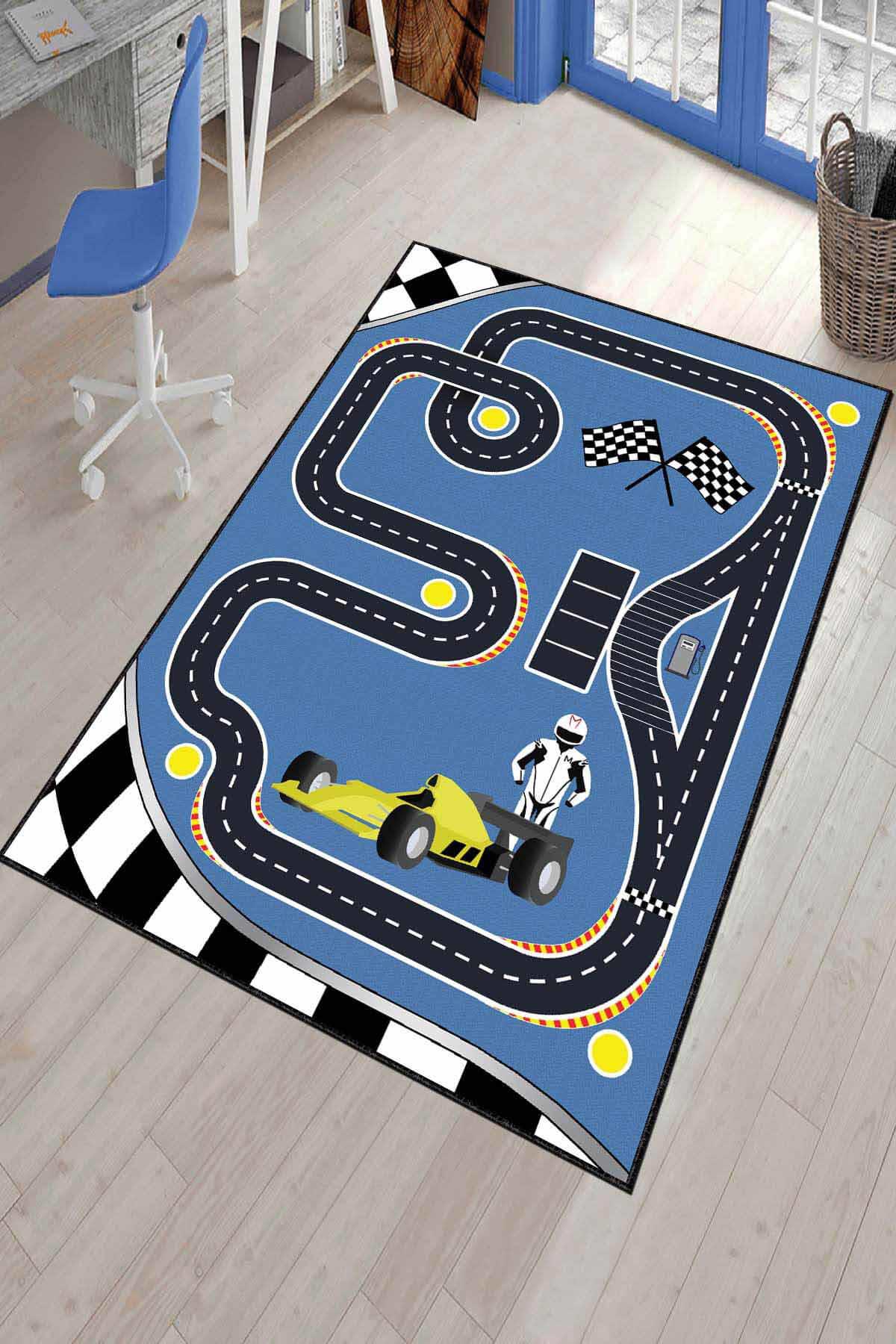 Viva Home AR344 Mavi 7 mm Mikropolyester Leke tutmaz Yıkanabilir İnce Kaymaz Dot Taban Dikdörtgen Makine Dokuma Çocuk Odası Halısı 130x190 cm