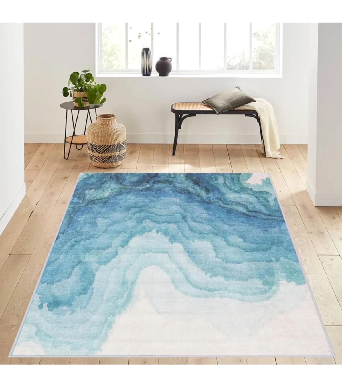 Rovigo Home RVG1212 Beyaz-Mavi 8 mm Polyester Antibakteriyel-Leke Tutmaz-Toz Tutmaz Yıkanabilir İnce Kaymaz Dot Taban Dikdörtgen Makine Dokuma Salon Halısı 140x200 cm
