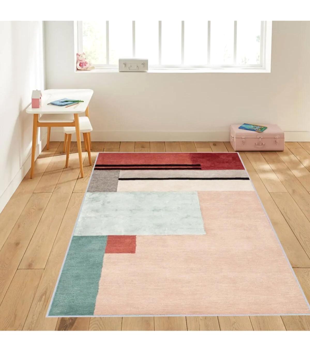 Rovigo Home RVG1094 Çok Renkli 8 mm Polyester Leke Tutmaz-Toz Tutmaz Yıkanabilir İnce Kaymaz Dot Taban Dikdörtgen Makine Dokuma Salon Halısı 160x230 cm