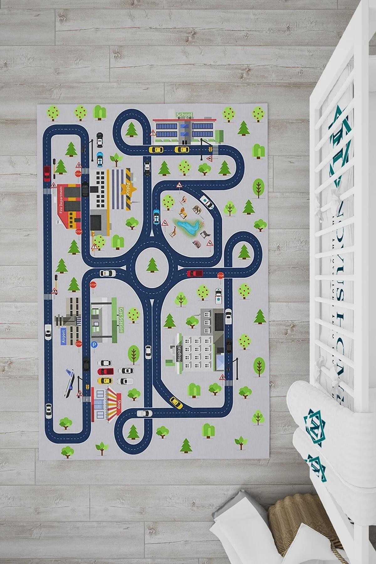 Novus Home Punto Serisi Gri-Lacivert 7 mm Polyester Antibakteriyel-Toz Tutmaz-Yalıtıma Yardımcı Yıkanabilir İnce Kaymaz Taban Dikdörtgen Makine Dokuma Çocuk Odası Halısı 160x230 cm