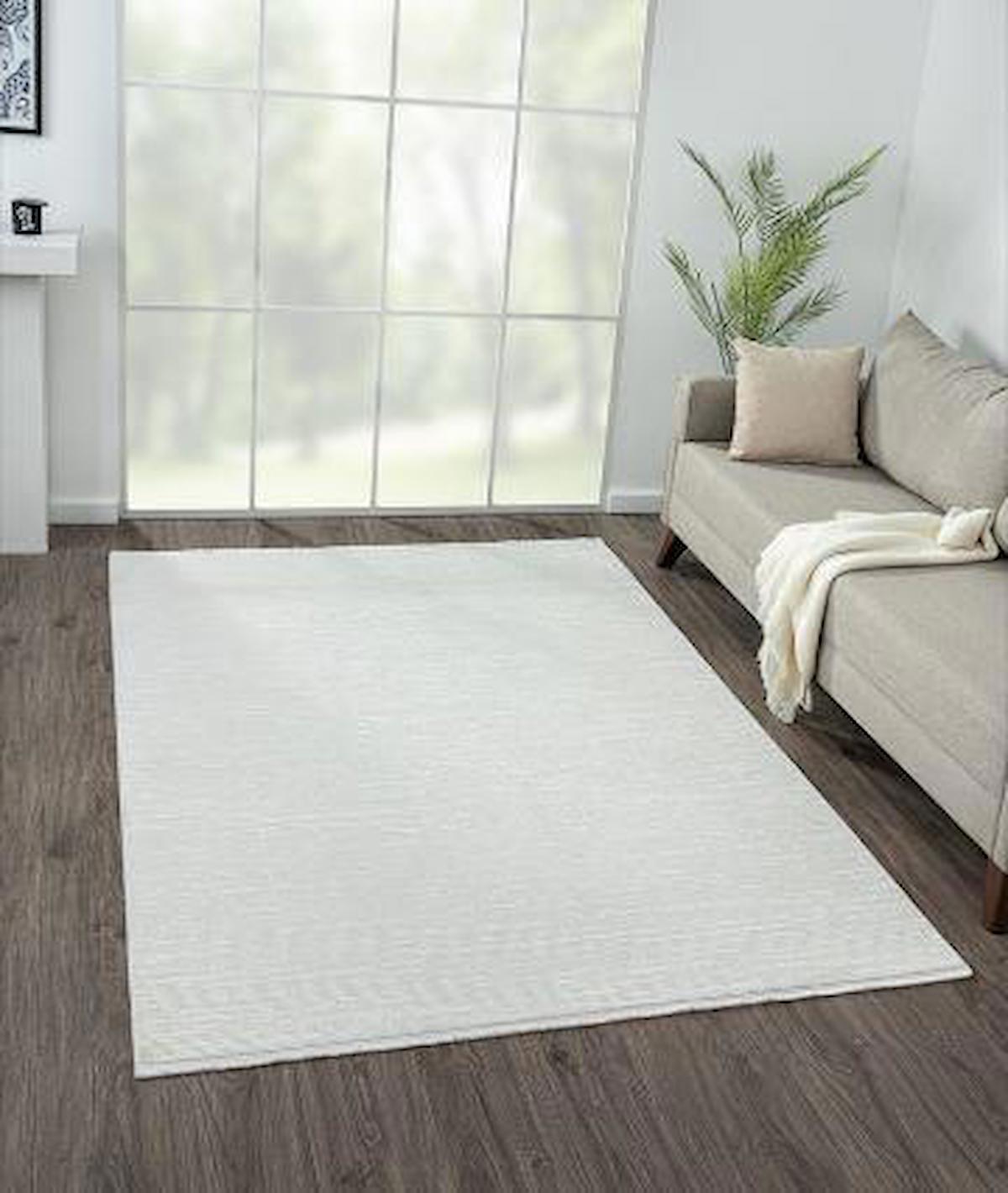 Çam Halı Nordic NX0010A Beyaz 6 mm Polyester Silinebilir Yıkanabilir Orta Dikdörtgen Makine Dokuma Salon Halısı 160x230 cm
