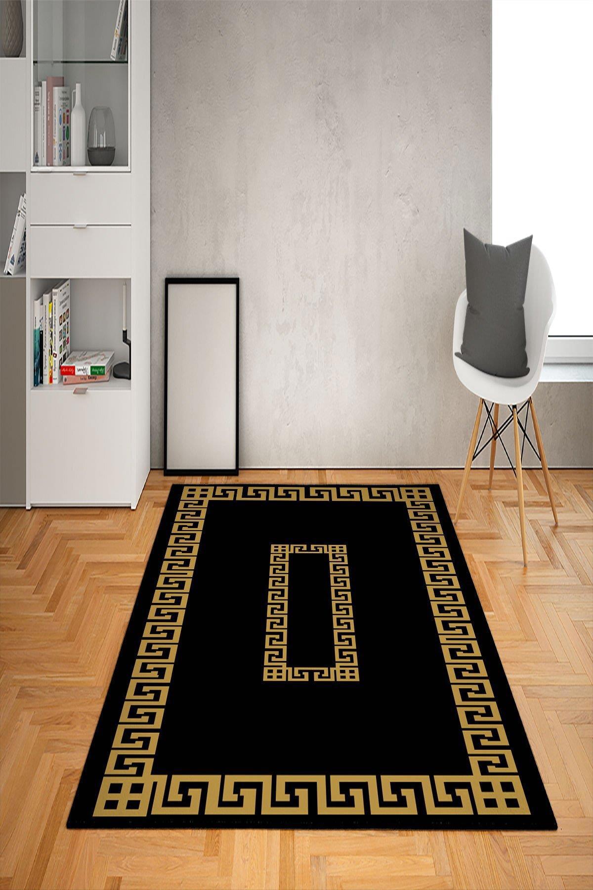 Doruklar Home Collection Altın-Siyah 0.7 mm Yıkanabilir Kaymaz Taban Geometrik Dikdörtgen Makine Dokuma Halı 170x240 cm