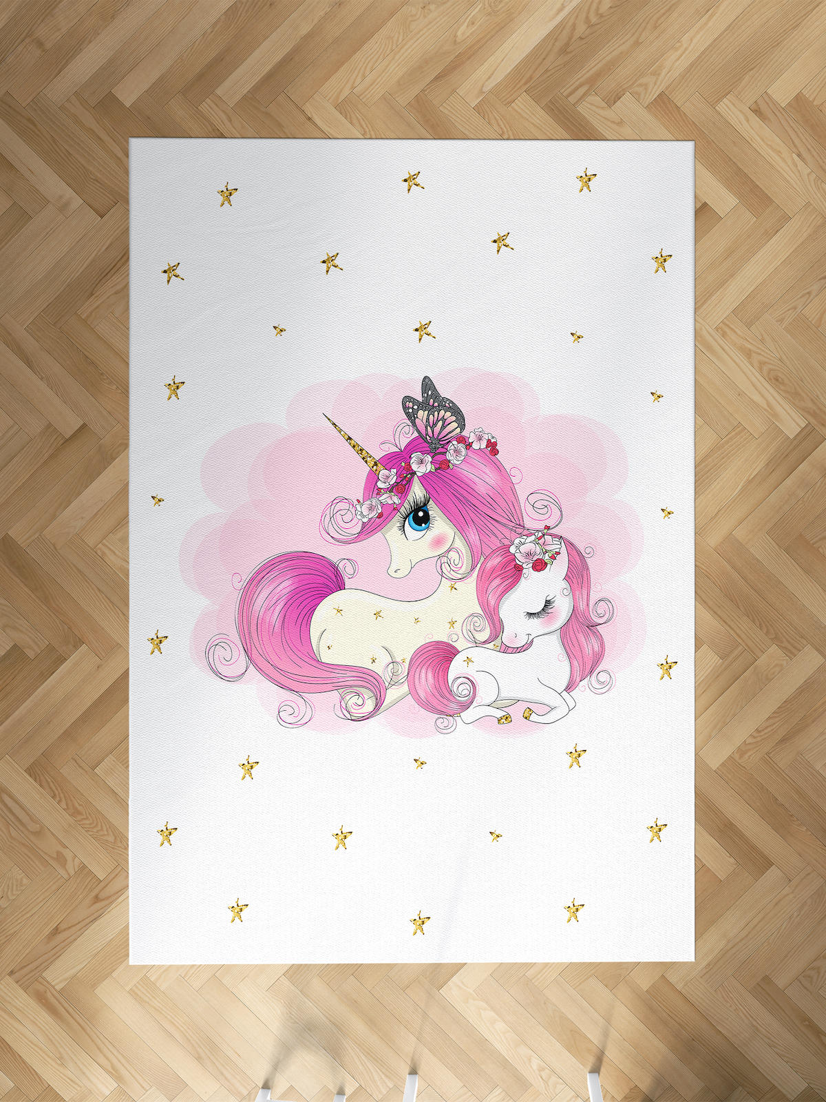 Mekta Home Unicorn-Yıldız Krem 10 mm Antibakteriyel Yıkanabilir İnce Kaymaz Dot Taban Dikdörtgen Makine Dokuma Çocuk Odası Halısı 180x280 cm