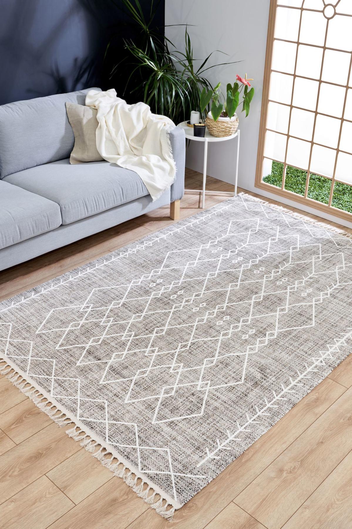 Apex Marakeş 1603 Krem Pamuk Yıkanabilir İnce Kaymaz Jüt Taban Dikdörtgen Makine Dokuma Salon Halısı 120x180 cm