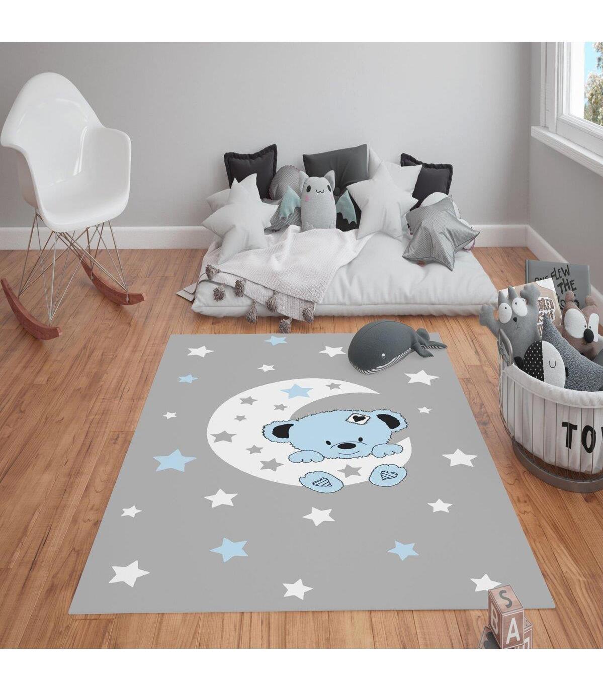 Doruklar Home Collection Gri-Mavi 0.7 mm Polyester Antibakteriyel Yıkanabilir Kalın Kaymaz Taban Dikdörtgen Makine Dokuma Çocuk Odası Halısı 80x200 cm