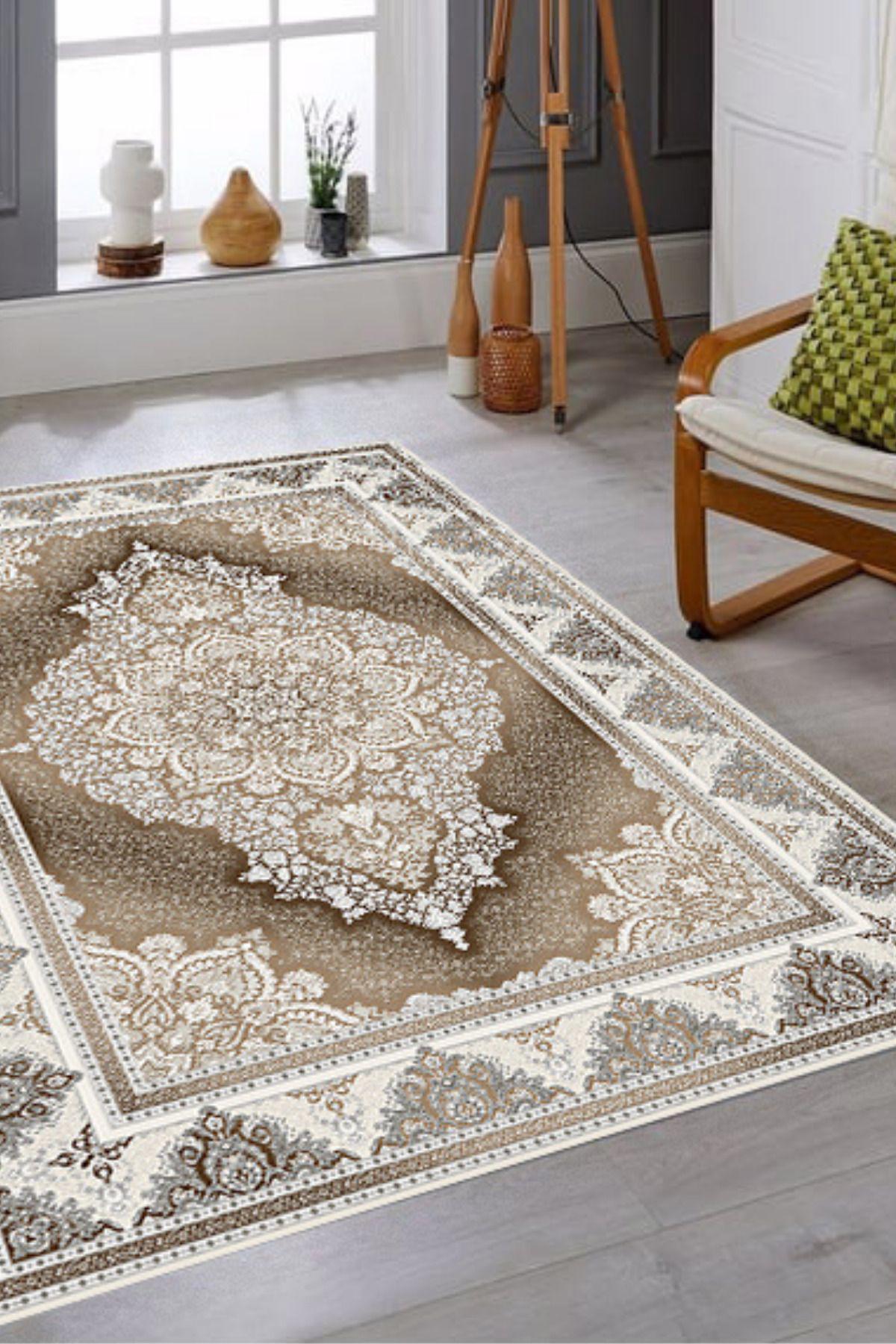 Aldora E4231 Kahverengi 9 mm Deri Yıkanabilir Kaymaz Taban Dikdörtgen Makine Dokuma Salon Halısı 80x150 cm