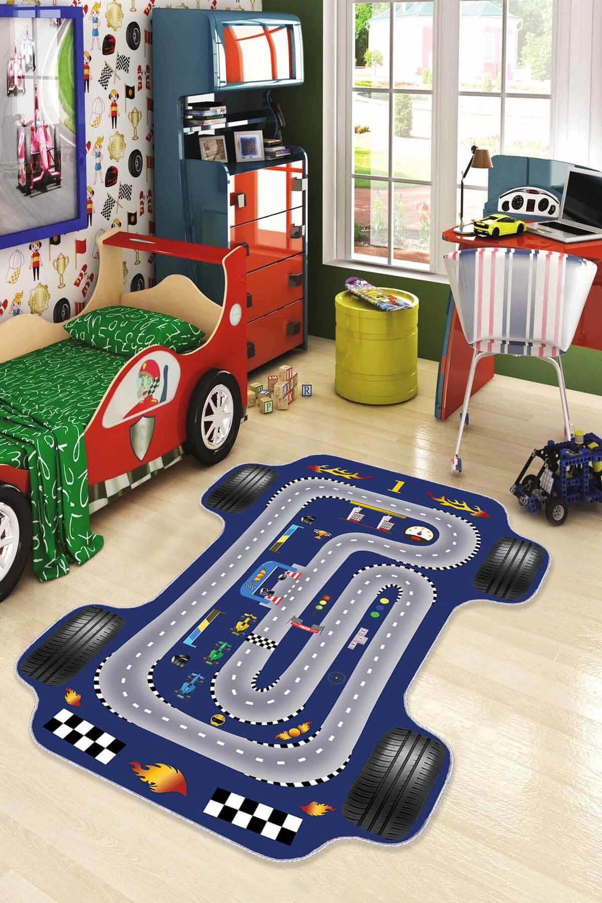 Viva Home AR1107 Lacivert 7 mm Mikropolyester Leke tutmaz Yıkanabilir İnce Kaymaz Dikdörtgen Makine Dokuma Çocuk Odası Halısı 140x300 cm