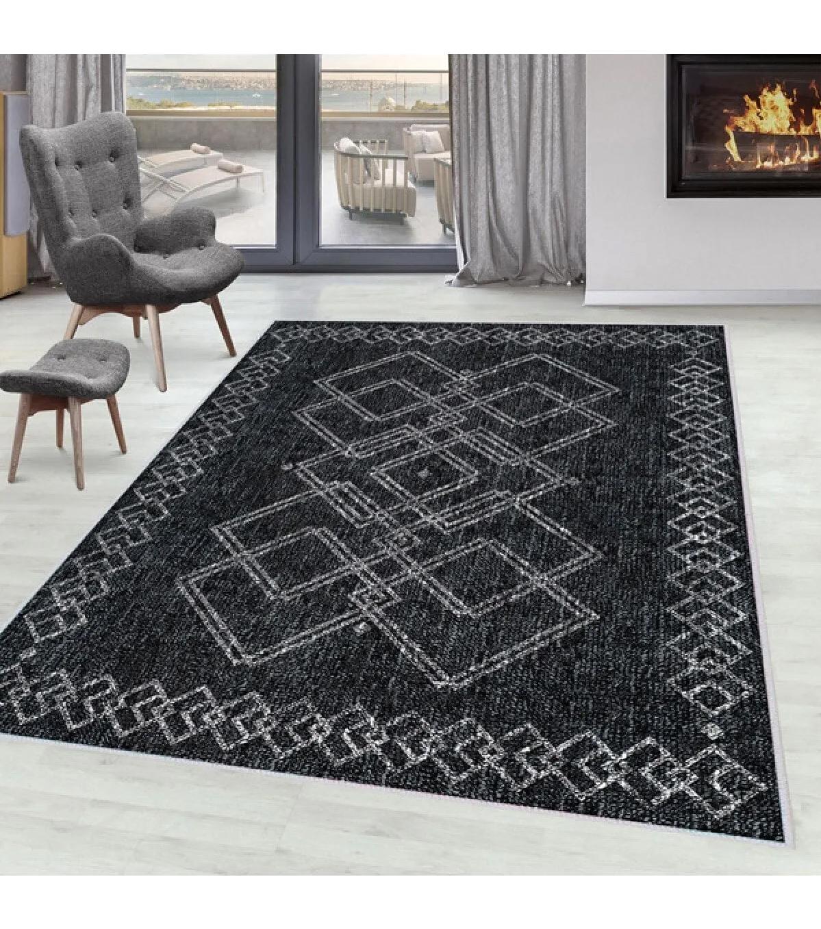Rovigo Home RVG0115-SM31 Beyaz - Siyah 8 mm Polyester Yıkanabilir Orta Kaymaz Dot Taban Dikdörtgen Makine Dokuma Salon Halısı 160x230 cm
