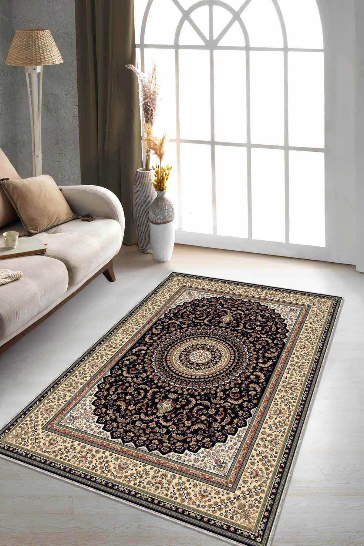 Viva Home RV283 Lacivert 7 mm Mikropolyester Leke tutmaz Yıkanabilir İnce Kaymaz Dot Taban Dikdörtgen Makine Dokuma Salon Halısı 120x300 cm