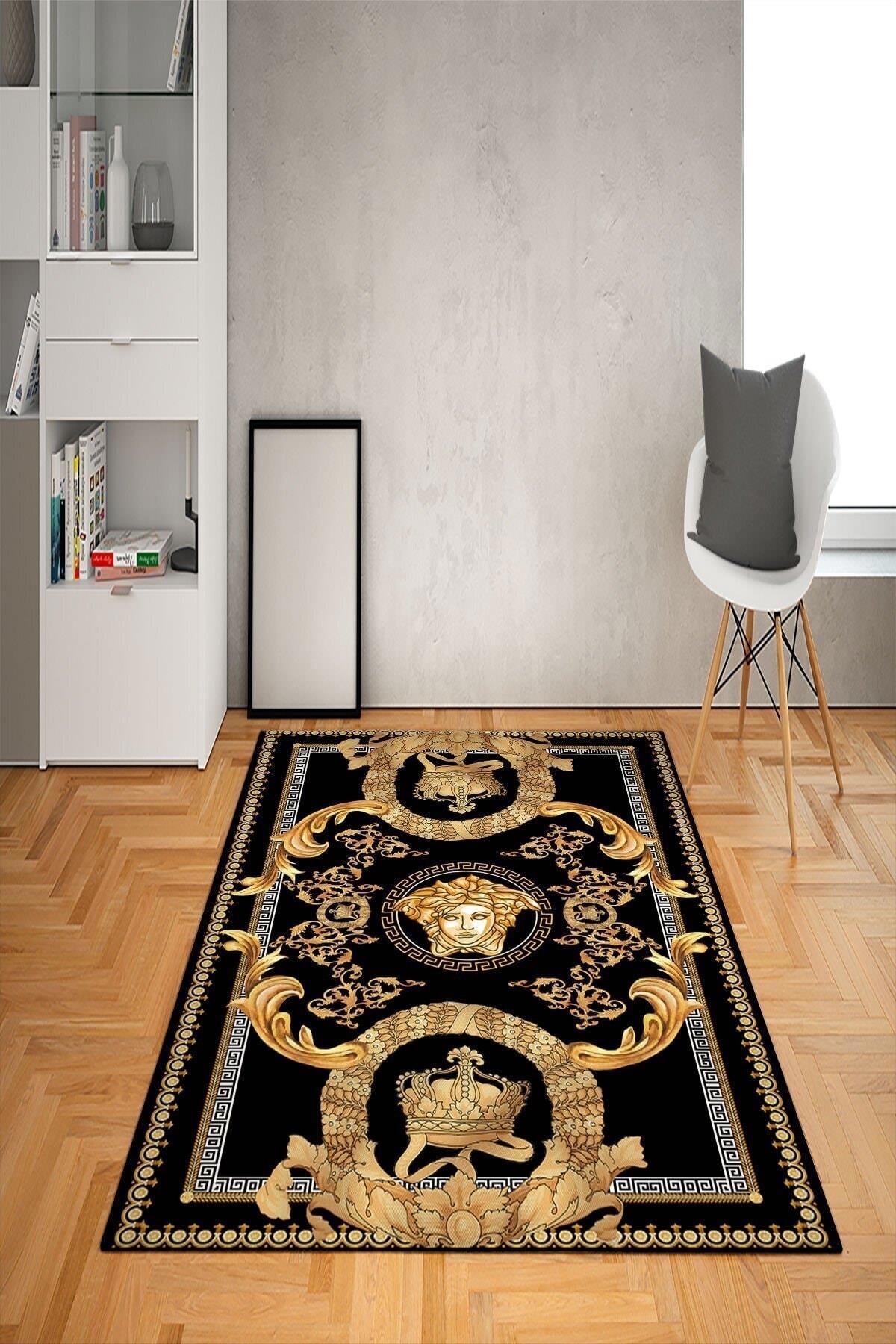 Doruklar Home Collection Altın-Siyah 0.7 mm Antibakteriyel Yıkanabilir Kalın Kaymaz Taban Dikdörtgen Makine Dokuma Çocuk Odası Halısı 120x180 cm