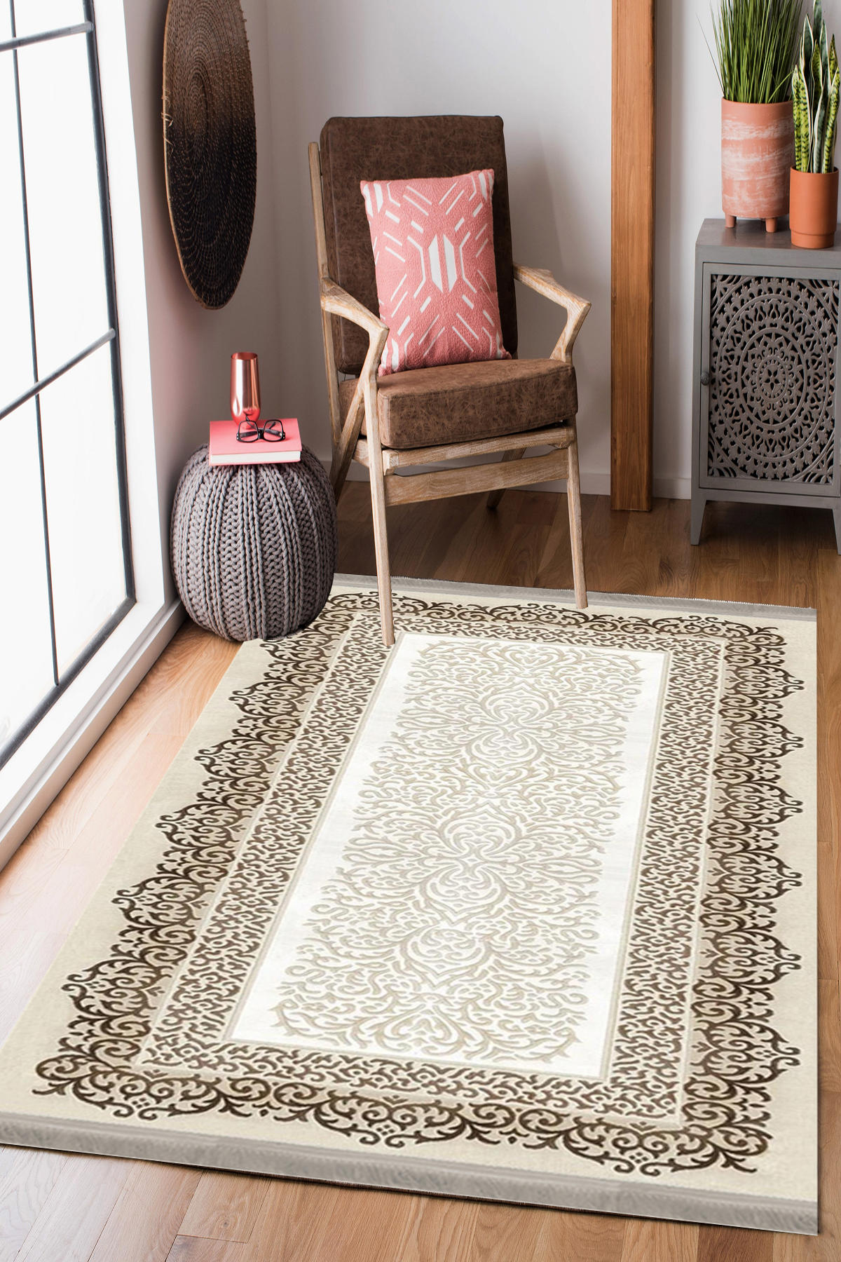 Homier Collection H-KS-3078B Krem 7 mm Pamuk Antibakteriyel Yıkanabilir Orta Kaymaz Dot Taban Dikdörtgen Makine Dokuma Salon Halısı 80x300 cm