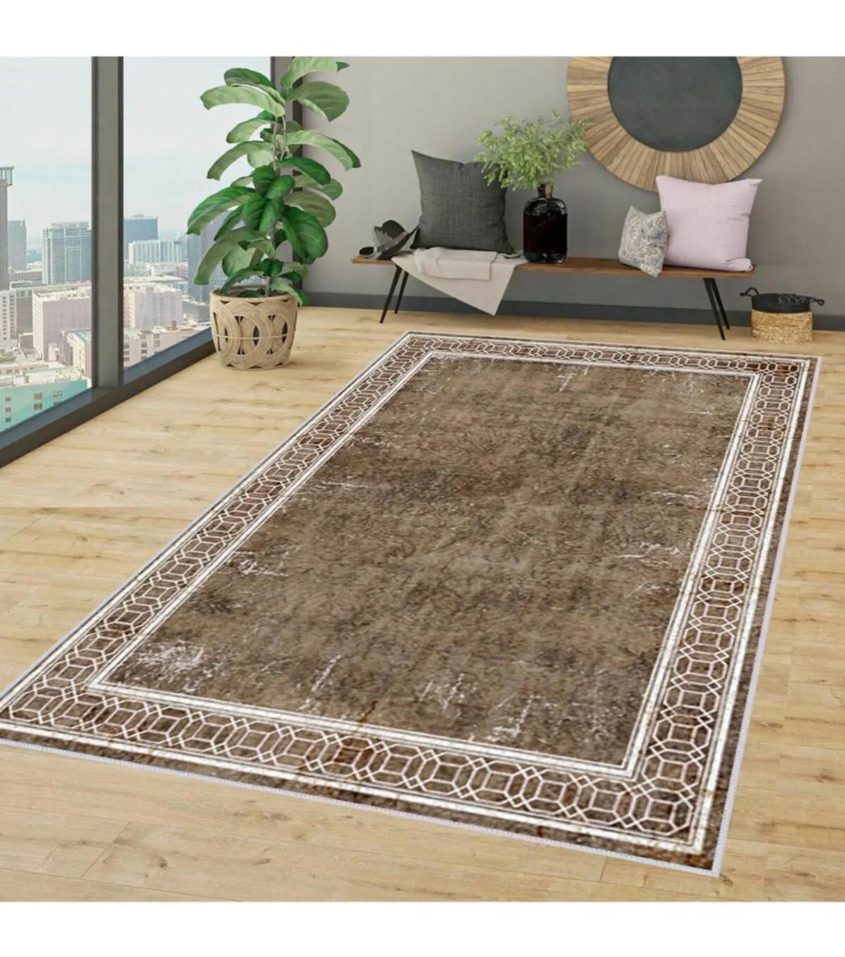Rovigo Home RVG1343-HT239 Bej-Kahverengi 8 mm Polyester Leke Tutmaz-Toz Tutmaz Yıkanabilir İnce Kaymaz Dot Taban Dikdörtgen Makine Dokuma Salon Halısı 100x200 cm