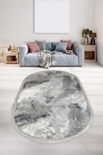 Dijidekor Deluxe Antrasit 7 mm Polyester Yıkanabilir Orta Kaymaz Deri Taban Oval Makine Dokuma Salon Halısı 160x230 cm