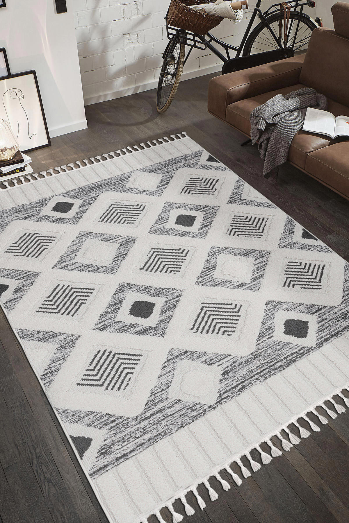 Armida Concept A712A Gri-Krem 20 mm Polyester Silinebilir Yıkanabilir Kalın Jüt Taban Dikdörtgen Makine Dokuma Salon Halısı 80x300 cm