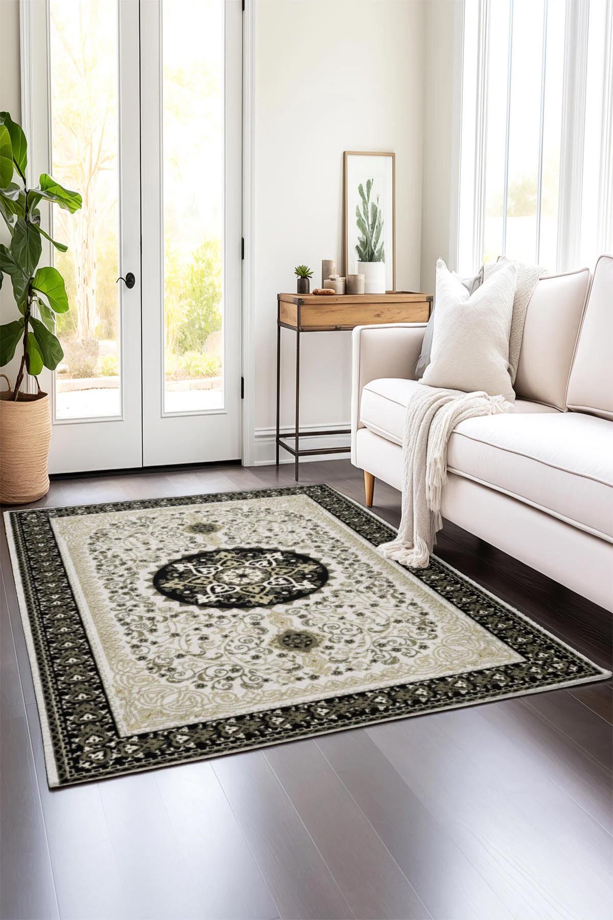 Comotex Krem 7 mm Polyester Antibakteriyel Yıkanabilir Kalın Kaymaz Taban Dikdörtgen Makine Dokuma Salon Halısı 120x180 cm
