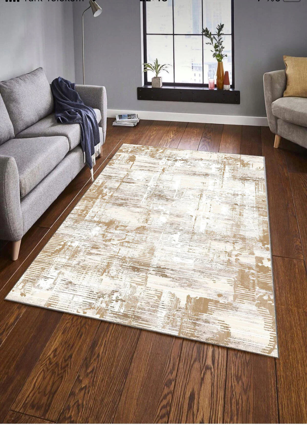 Sty Home Krem 0.8 mm Yıkanabilir Orta Kaymaz Lateks Taban Dikdörtgen Makine Dokuma Salon Halısı 120x180 cm