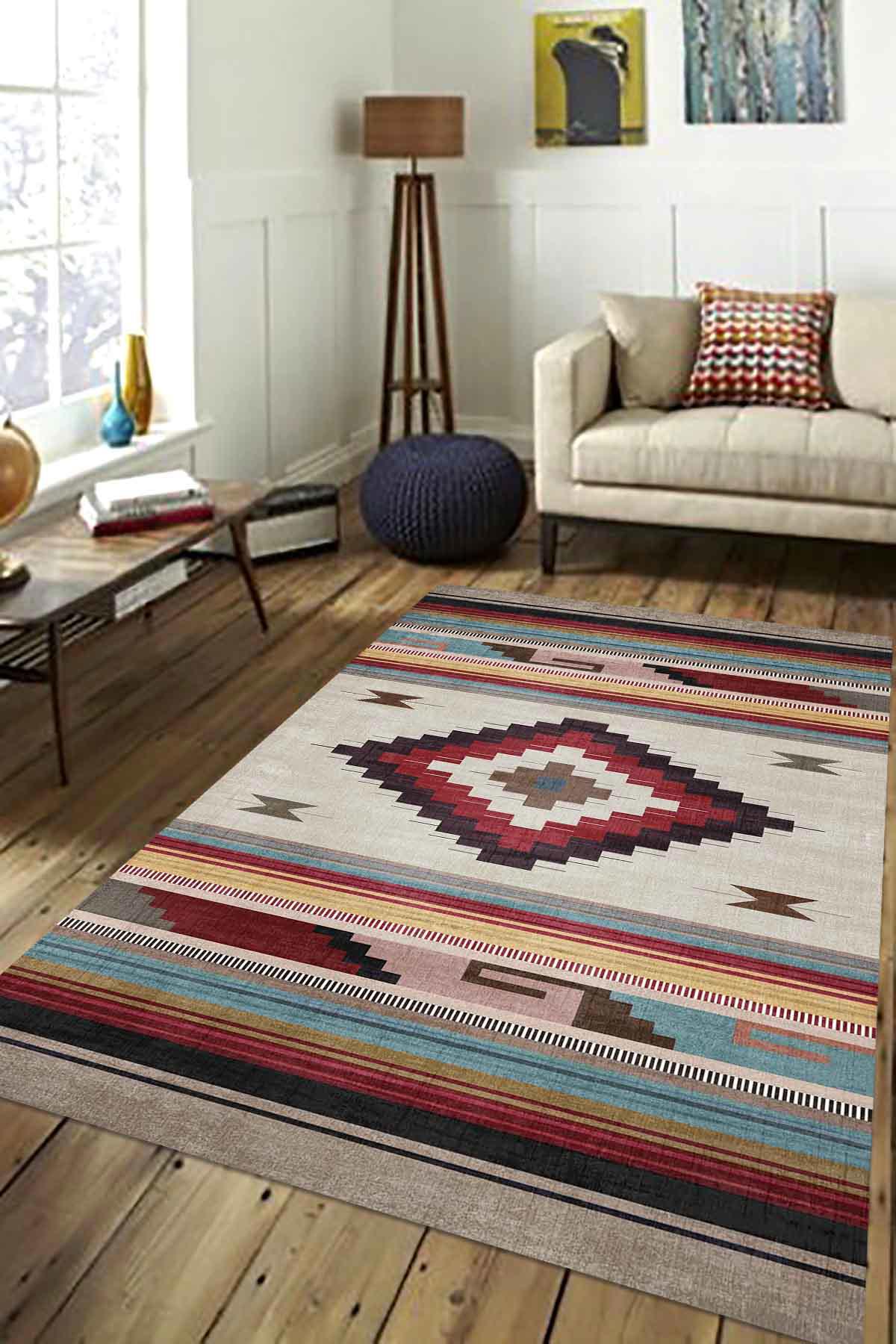 Aida Home Misty Çok Renkli 0.5 mm Pamuk Antibakteriyel Yıkanabilir Kalın Kaymaz Dikdörtgen Makine Dokuma Salon Halısı 100x200 cm