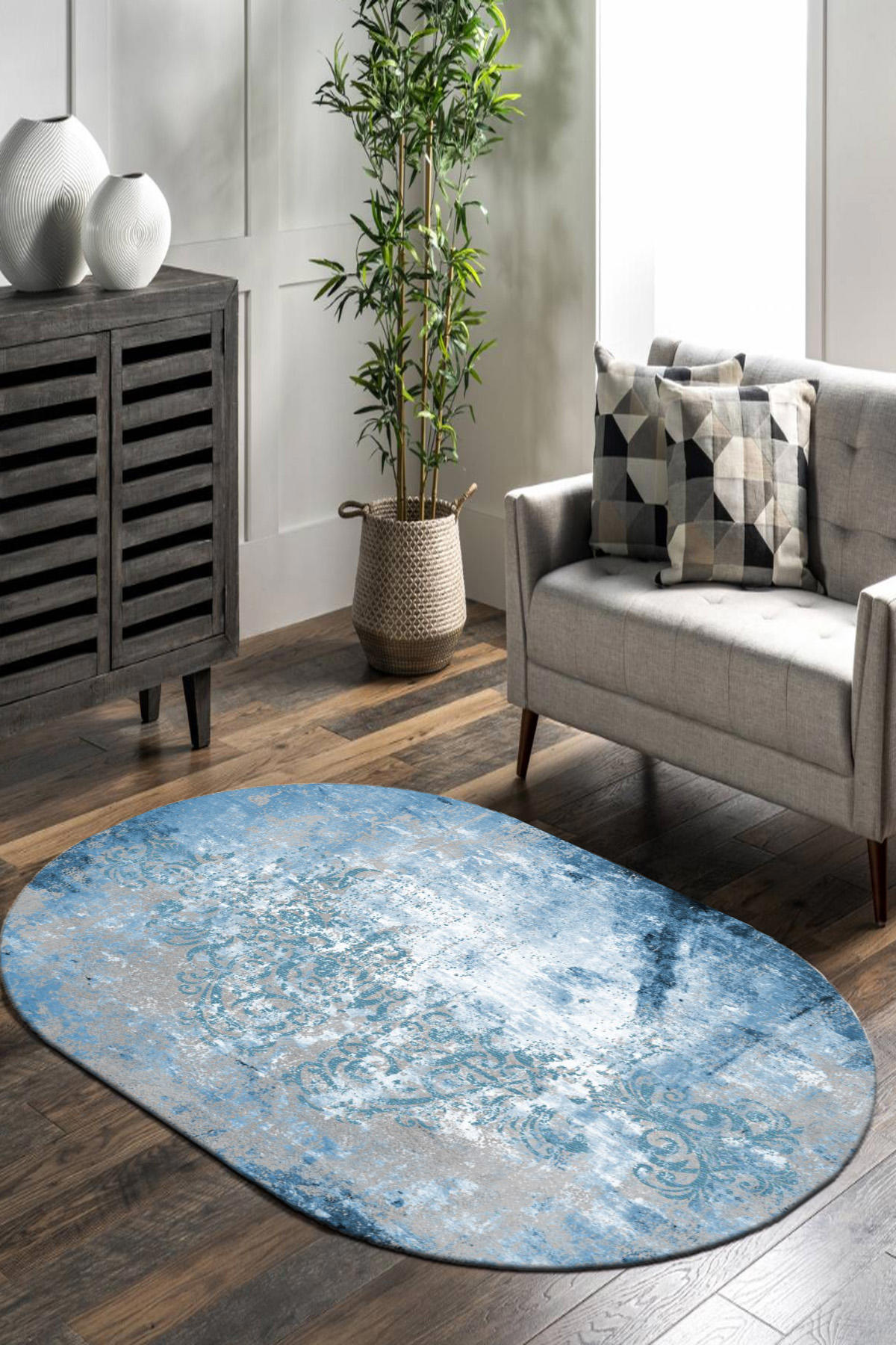 Roslyn Home Kahverengi 0.8 mm Polyester Toz Tutmaz Yıkanabilir İnce Kaymaz Dot Taban Oval Makine Dokuma Salon Halısı 100x160 cm