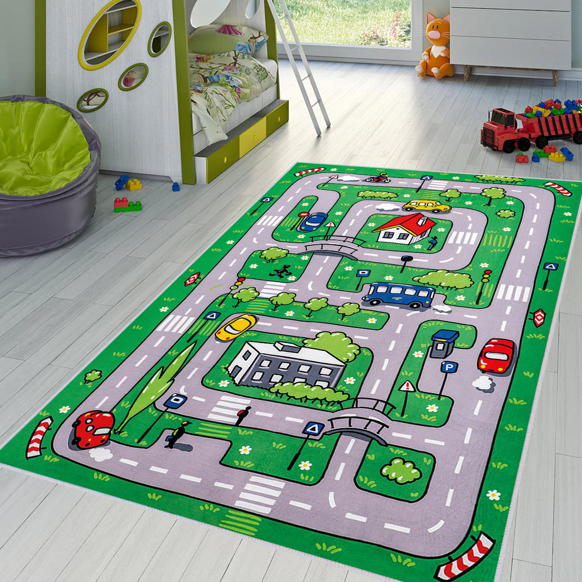 Rovigo Home RVG4018 Yeşil 8 mm Polyester Yıkanabilir Orta Kaymaz Dot Taban Dikdörtgen Makine Dokuma Çocuk Odası Halısı 200x290 cm