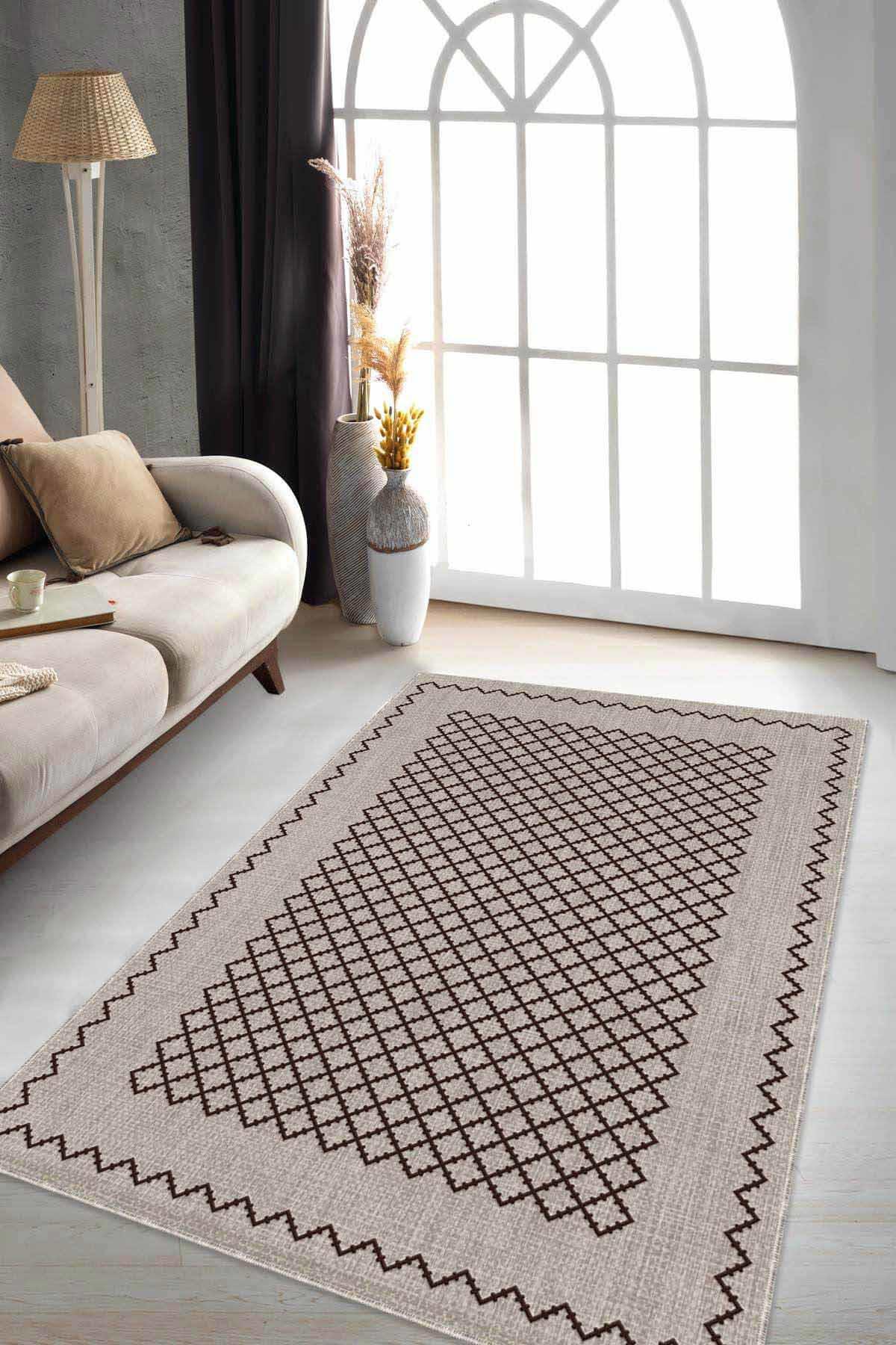 Viva Home RV175 Bej 7 mm Mikropolyester Yıkanabilir İnce Kaymaz Jüt Taban Dikdörtgen Makine Dokuma Salon Halısı 160x230 cm