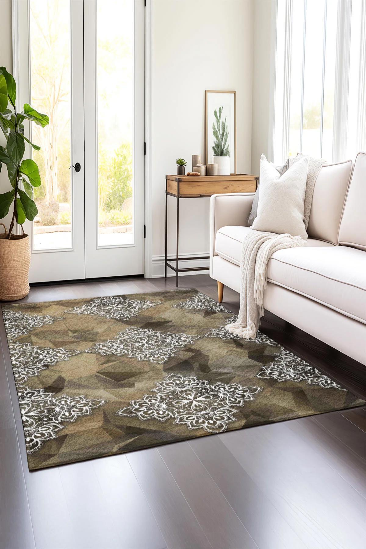 Comotex Krem 7 mm Polyester Antibakteriyel Yıkanabilir Kalın Kaymaz Taban Dikdörtgen Makine Dokuma Salon Halısı 120x300 cm