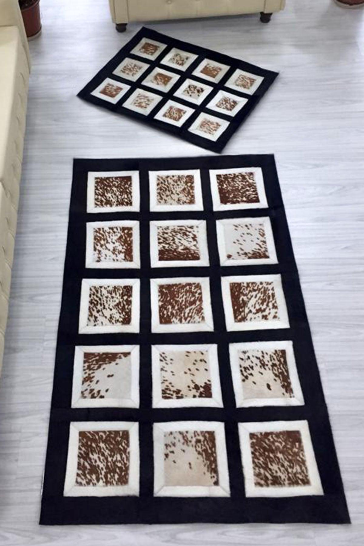 Leatinn Kahverengi Deri Antibakteriyel Yıkanabilir Kaymaz Taban Geometrik Dikdörtgen El Dokuması Salon Halısı 120x180 cm