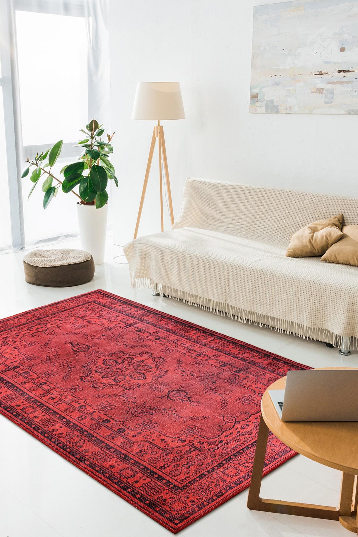Artloop AL-29 Kırmızı 4 mm Polyester Yıkanabilir İnce Kaymaz Jüt Taban Dikdörtgen Makine Dokuma Salon Halısı 160x230 cm