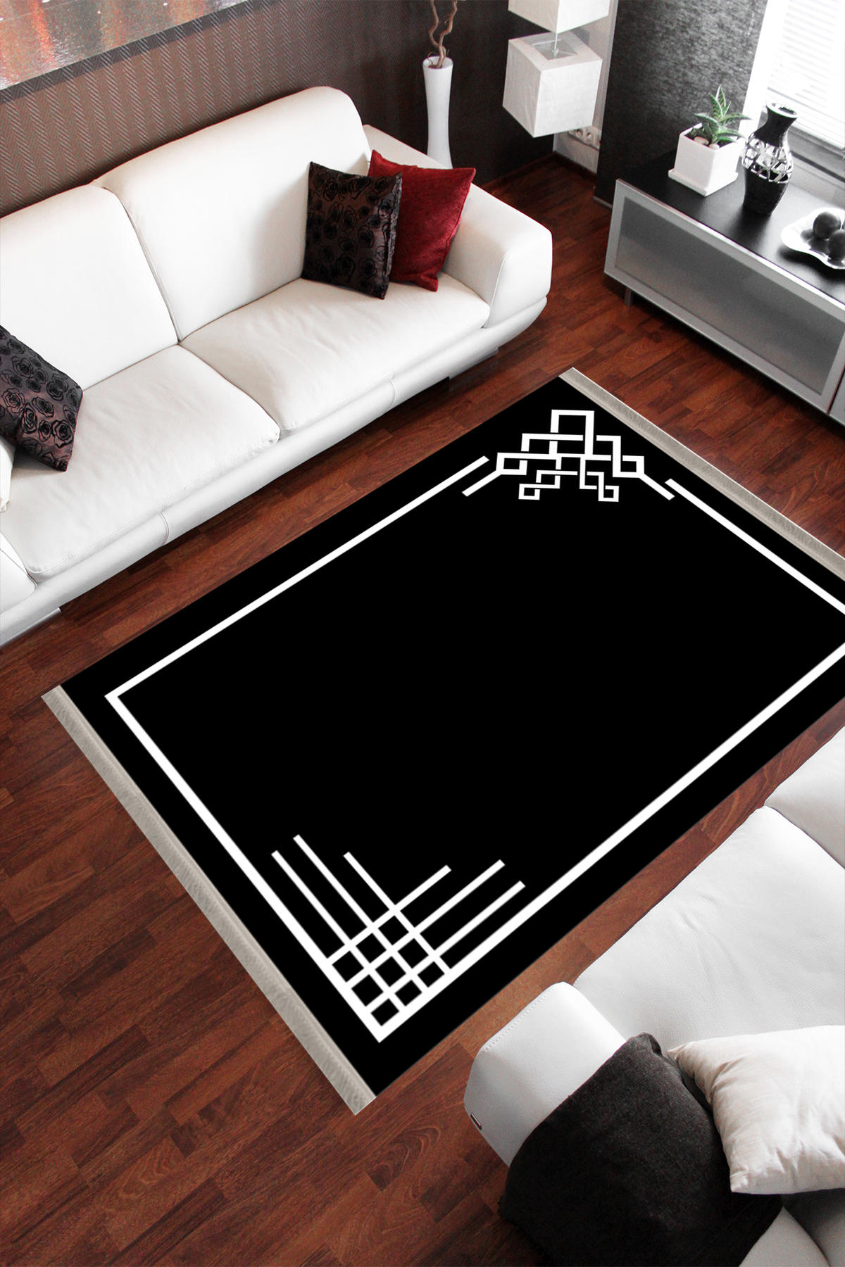 Homier Collection H-KS-3093B Beyaz - Siyah 7 mm Pamuk Antibakteriyel Yıkanabilir Orta Kaymaz Dot Taban Dikdörtgen Makine Dokuma Salon Halısı 80x150 cm
