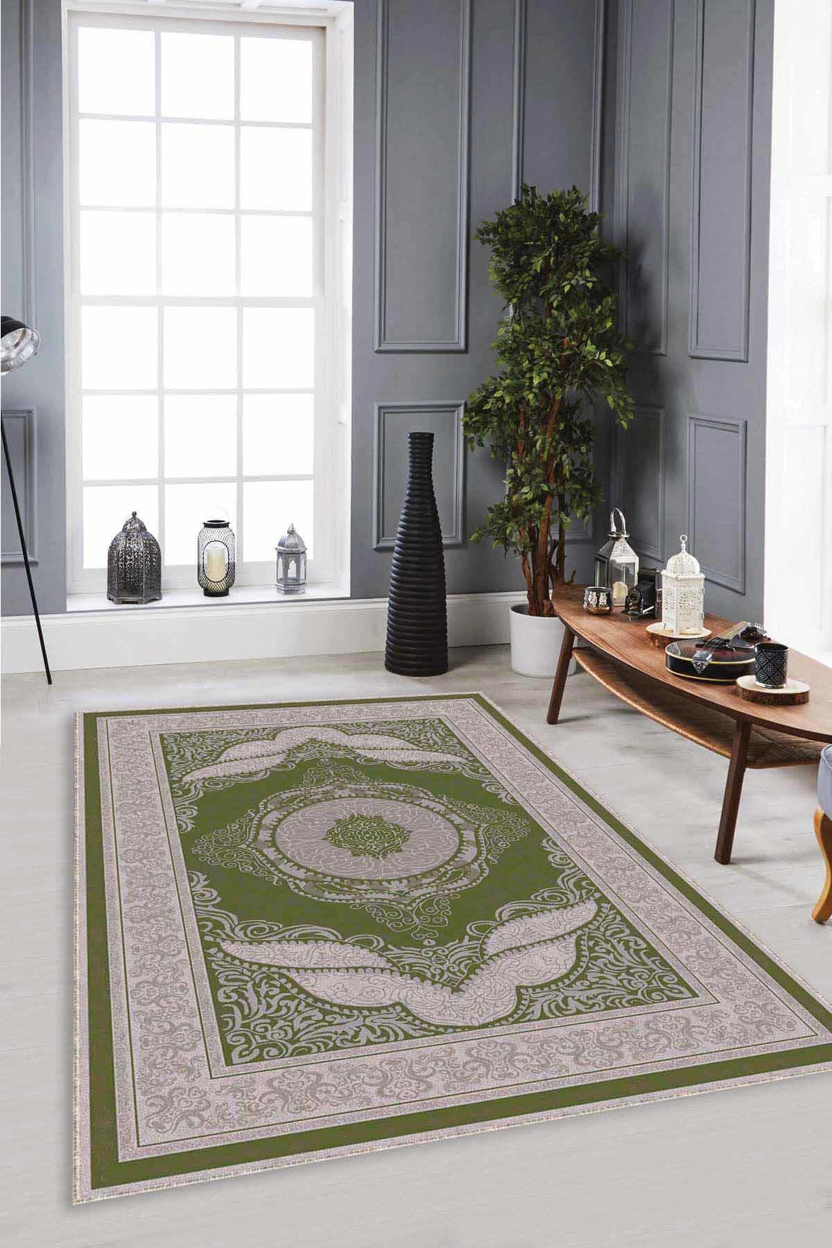 Viva Home MK51 Yeşil 7 mm Mikropolyester Yalıtıma Yardımcı Yıkanabilir İnce Kaymaz Taban Dikdörtgen Makine Dokuma Antre-Salon-Yatak Odası Halısı 200x290 cm