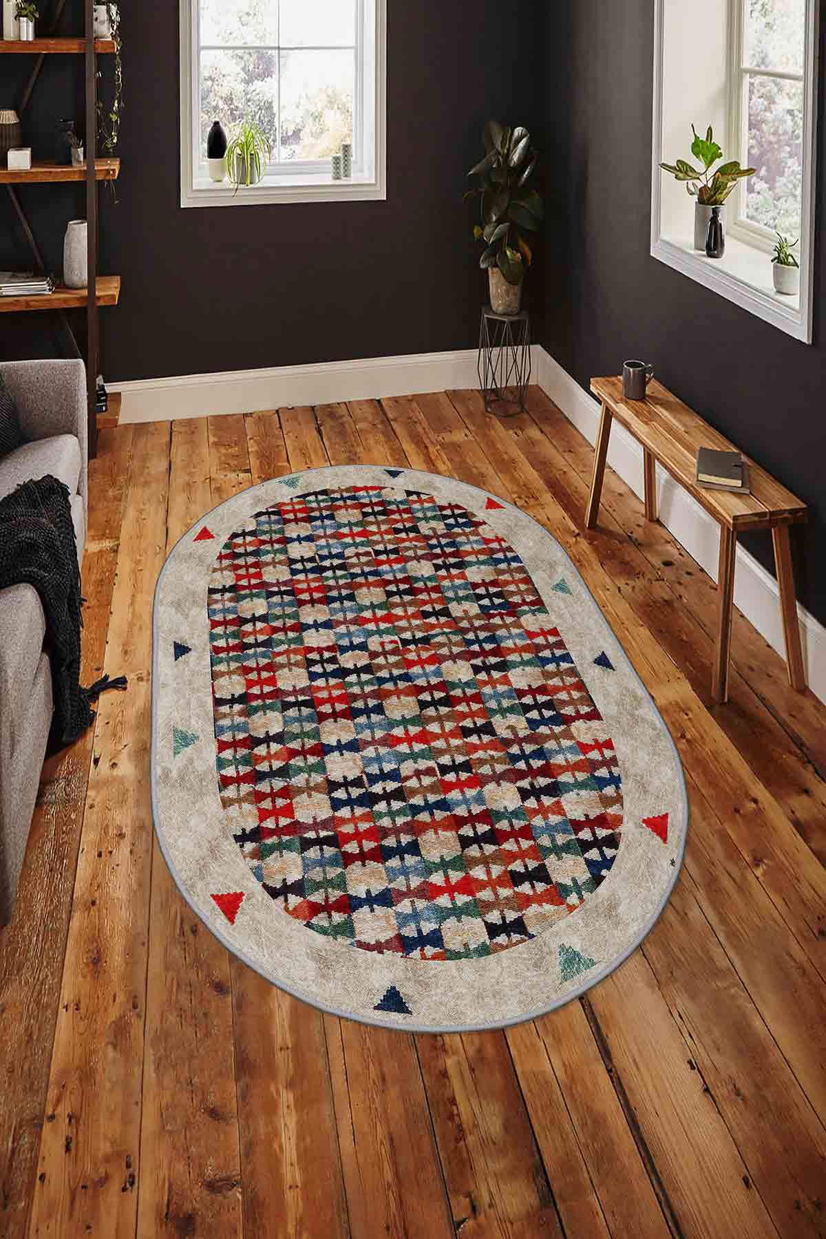 Homefesto Krem 5 mm Polyester Leke Tutmaz Yıkanabilir İnce Kaymaz Taban Geometrik Oval Makine Dokuma Salon Halısı 200x300 cm