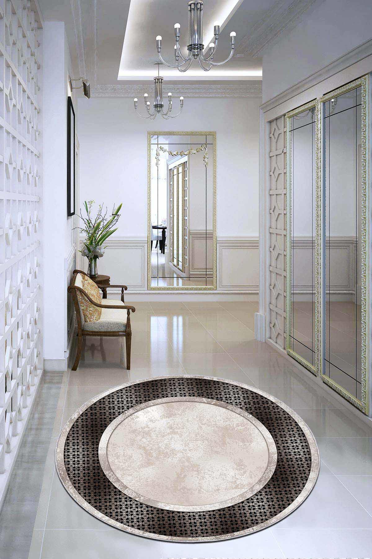 Viva Home AR989 Bej 7 mm Mikropolyester Yıkanabilir İnce Kaymaz Jüt Taban Yuvarlak Makine Dokuma Salon Halısı 160x230 cm