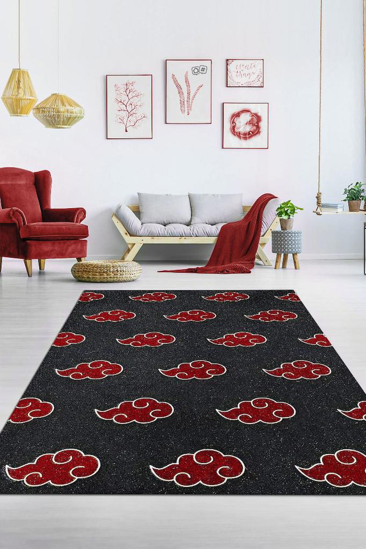 Homshtag Anime Kırmızı-Siyah 4 mm Pamuk Antistatik Yıkanabilir İnce Kaymaz Dikdörtgen Makine Dokuma Salon Halısı 100x300 cm