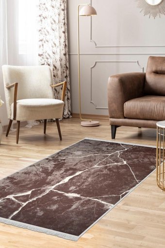 Dijidekor Kahverengi 6 mm Polyester Antialerjenik Yıkanabilir İnce Kaymaz Dot Taban Dikdörtgen Makine Dokuma Salon Halısı 160x230 cm