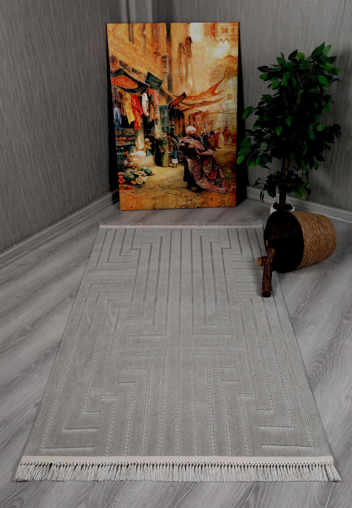 My Evilla 9800B Gri 10 mm Polyester Yıkanabilir Orta Dikdörtgen Makine Dokuma Salon Halısı 80x120 cm