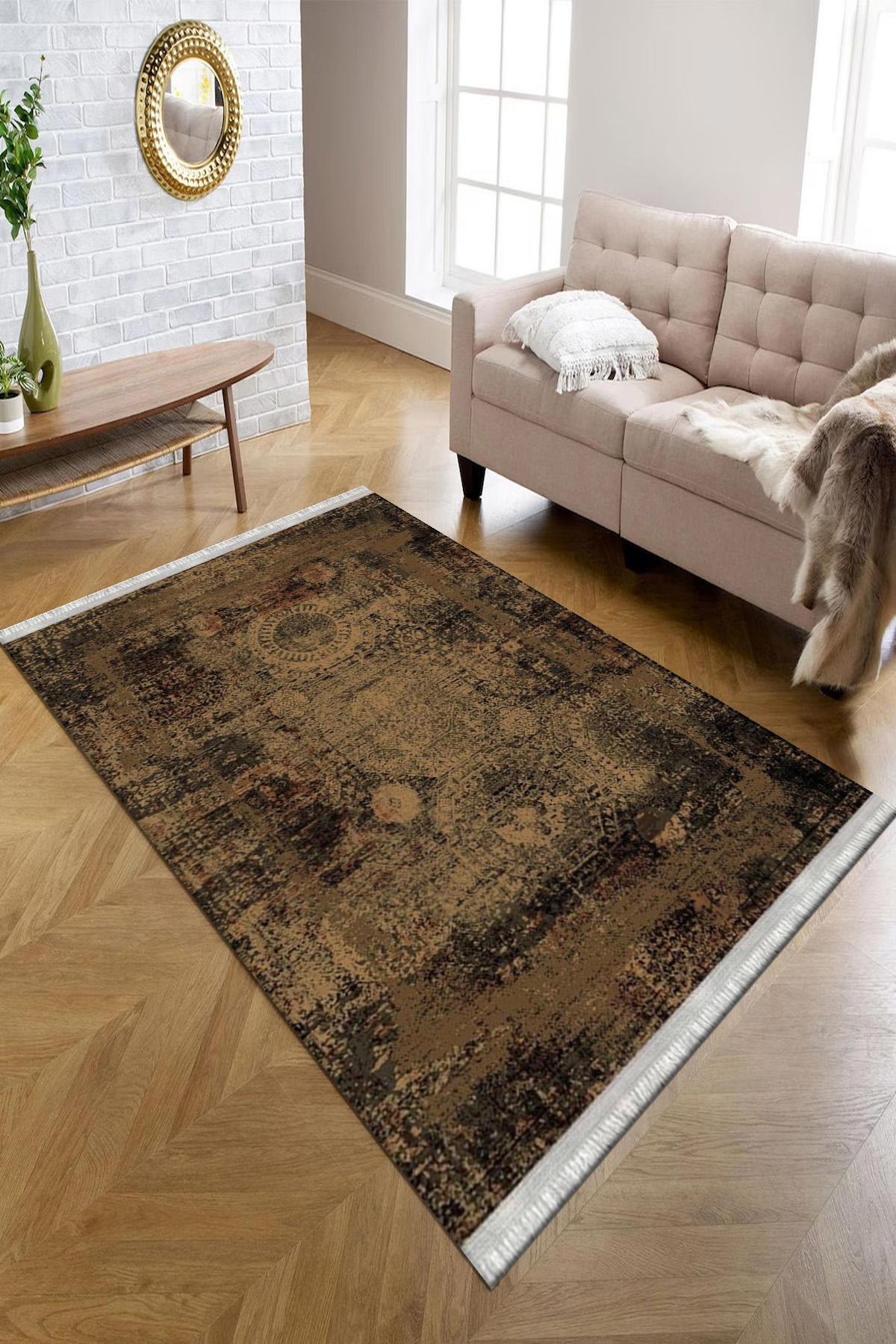 Kreatif Halı Kahverengi 4 mm Polyester Antibakteriyel Yıkanabilir İnce Kaymaz Kare Makine Dokuma Salon Halısı 80x200 cm
